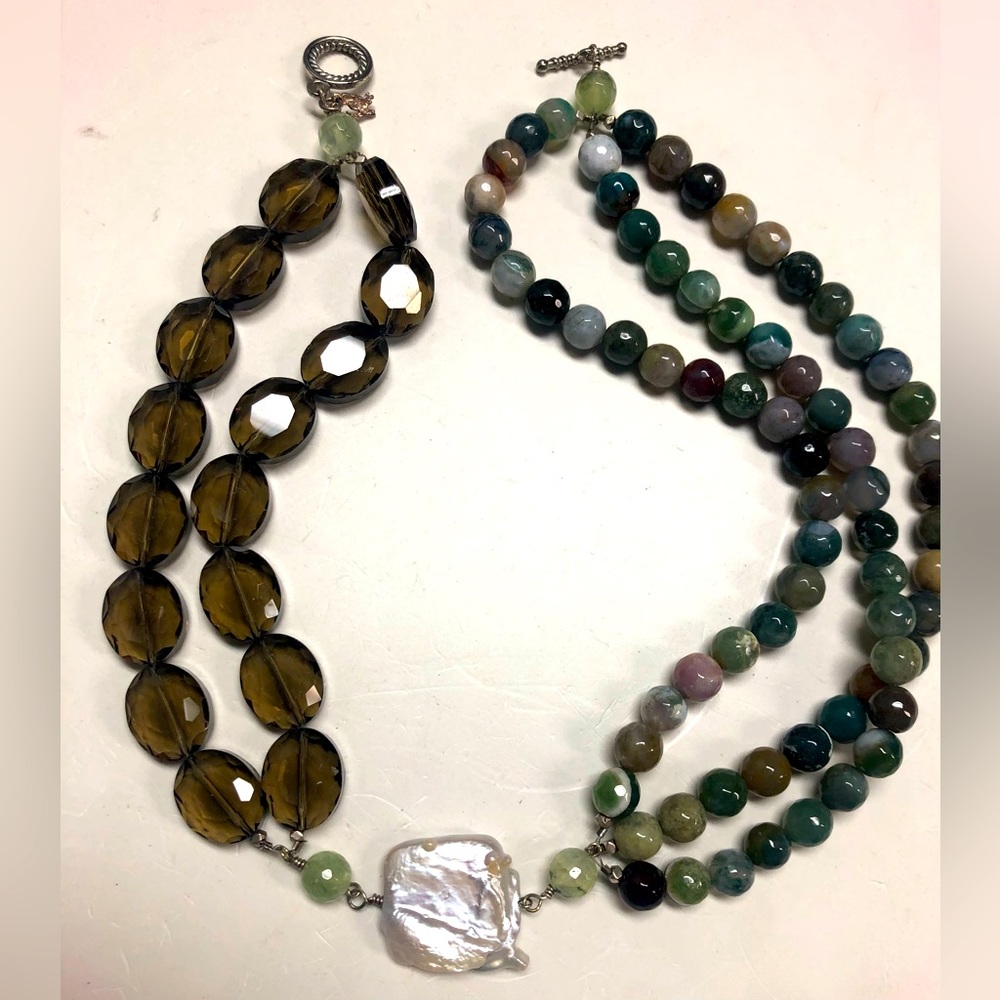 Chunky Unusual Mixed Mediums Necklace - Glass & Polished Stones w/ Pearl Center